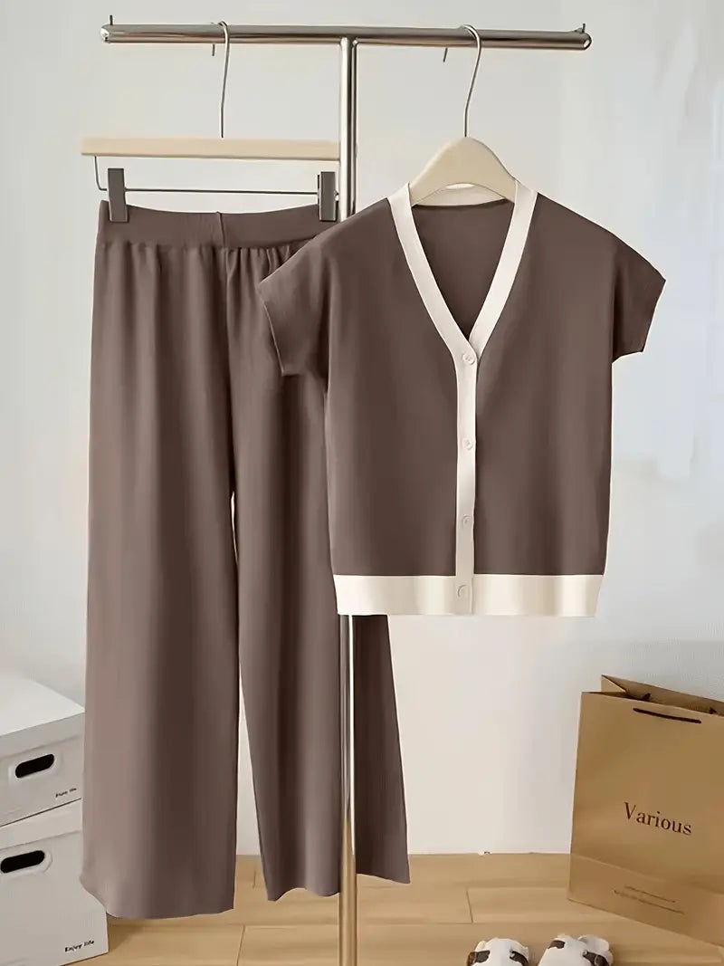 Women V-Neck Cardigan with Wide Pants Set
