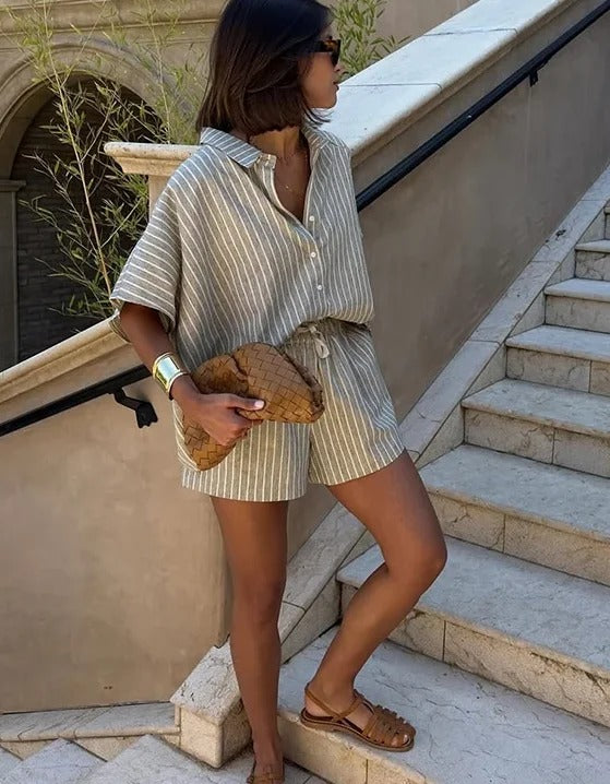 Stripe Loose Short Pants Set For Women