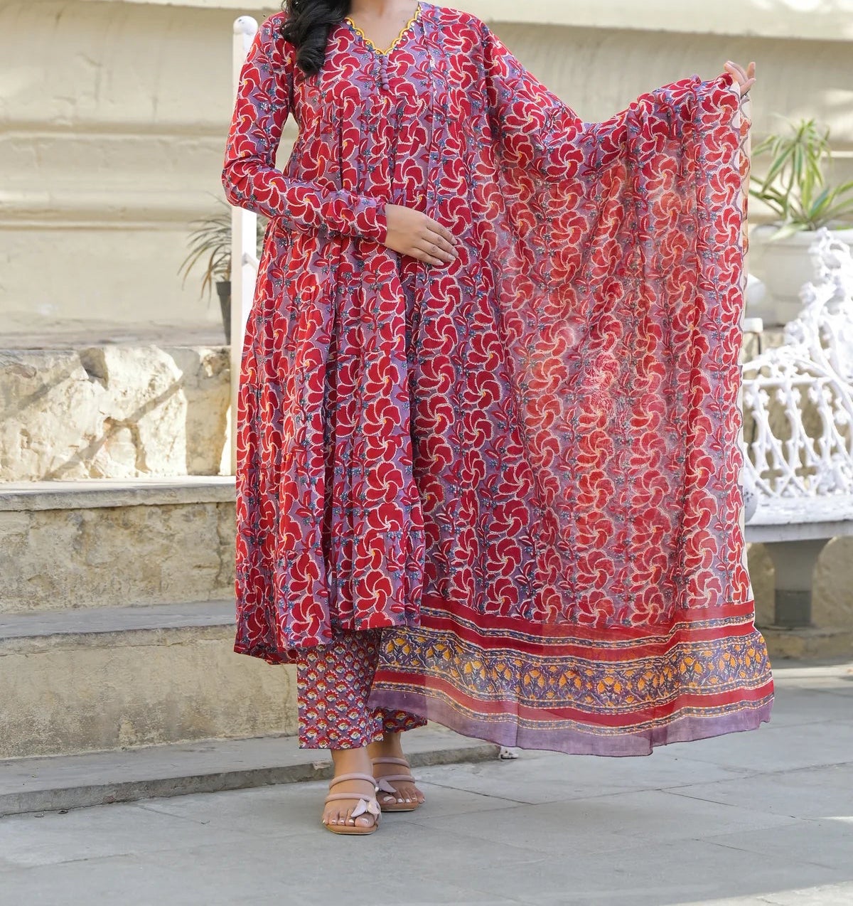 Embroidered Cotton Anarkali Suit Set