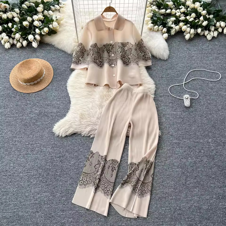 Cream Lace Coord Set for Women – Top & Wide-Leg Pants