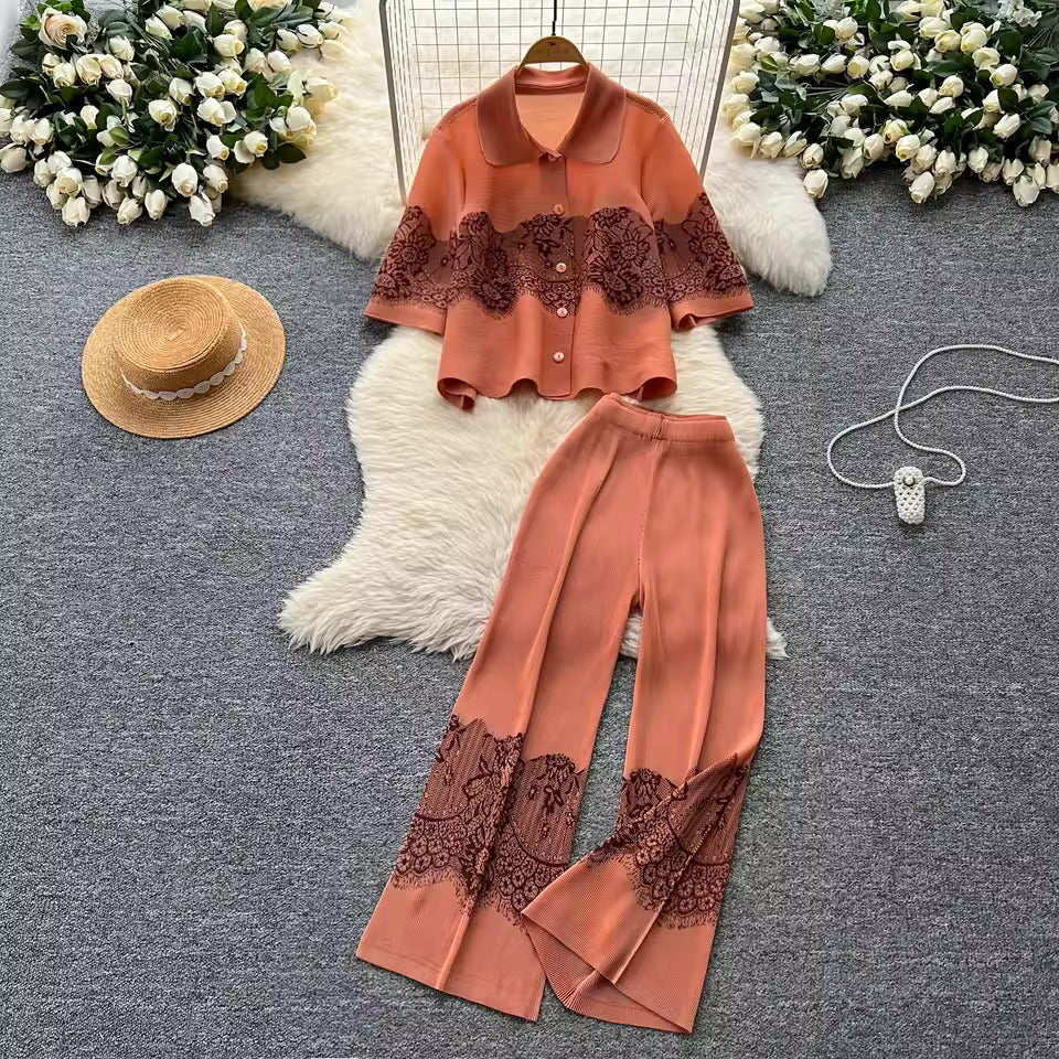 Orange Lace Coord Set for Women – Top & Wide-Leg Pants