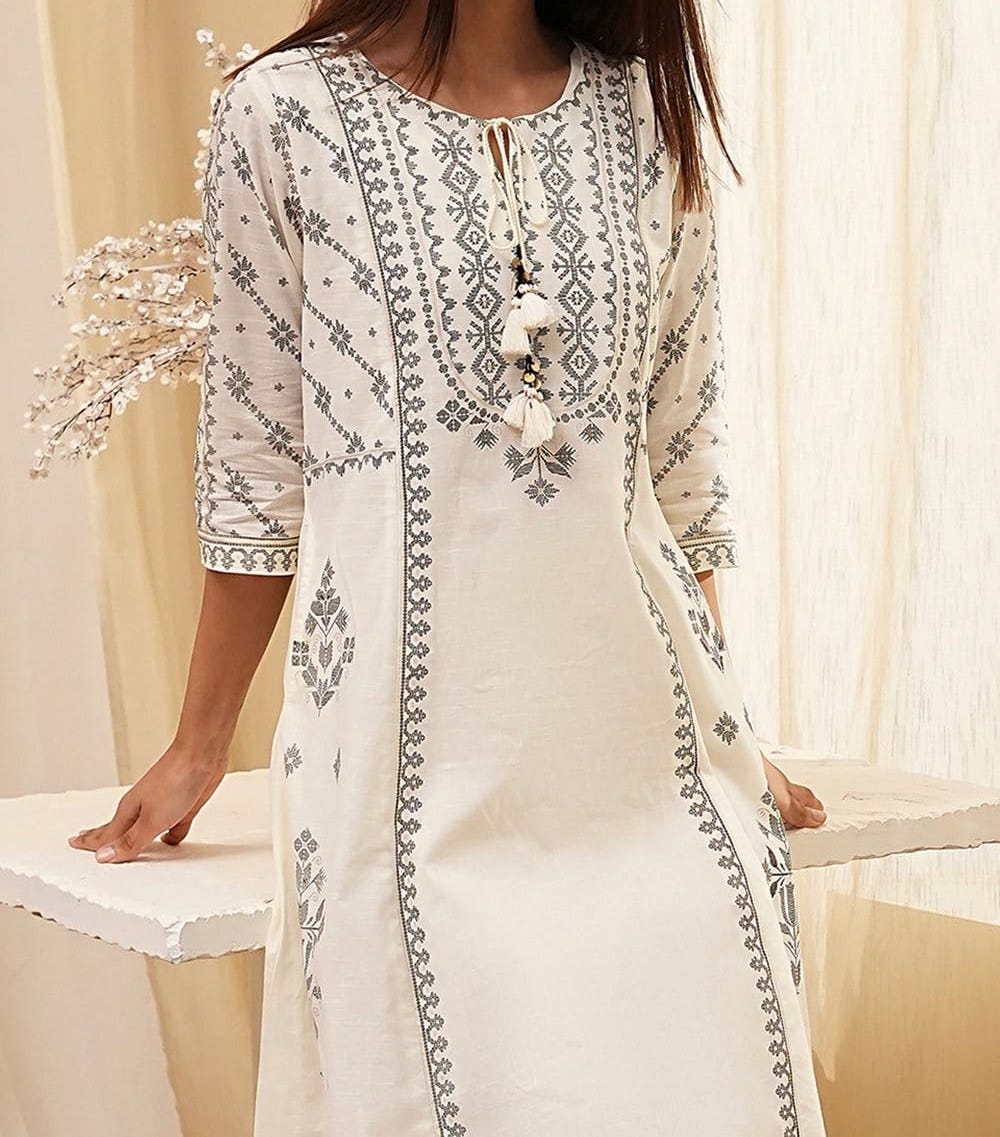 OFF-WHITE PURE COTTON PRINTED A-LINE KURTA SET
