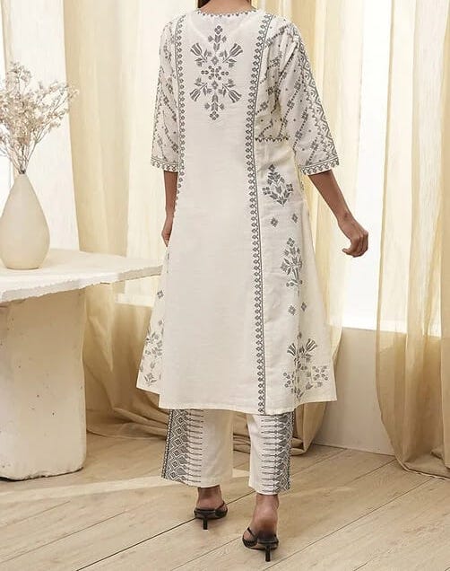 OFF-WHITE PURE COTTON PRINTED A-LINE KURTA SET