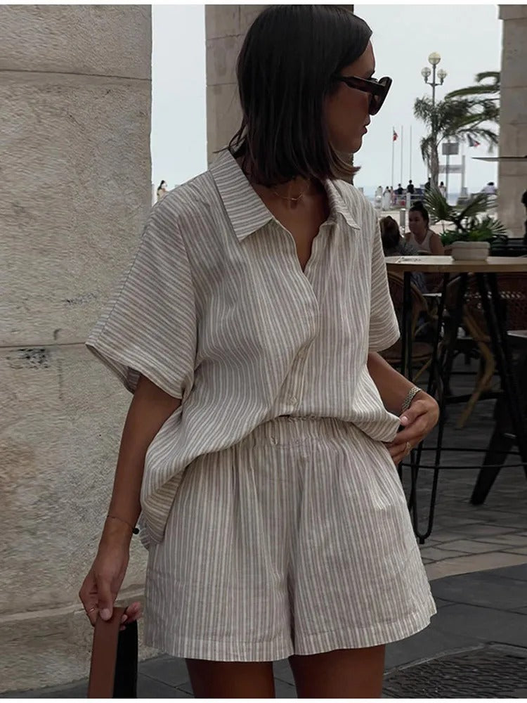 Stripe Loose Short Pants Set For Women