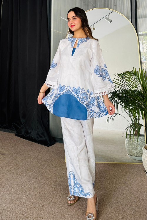 Floral Printed Blue Color Party wear Co-ord Set