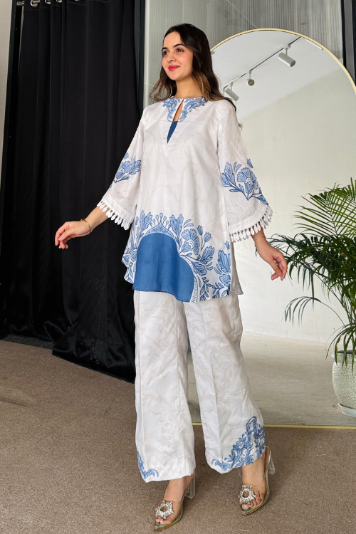 Floral Printed Blue Color Party wear Co-ord Set