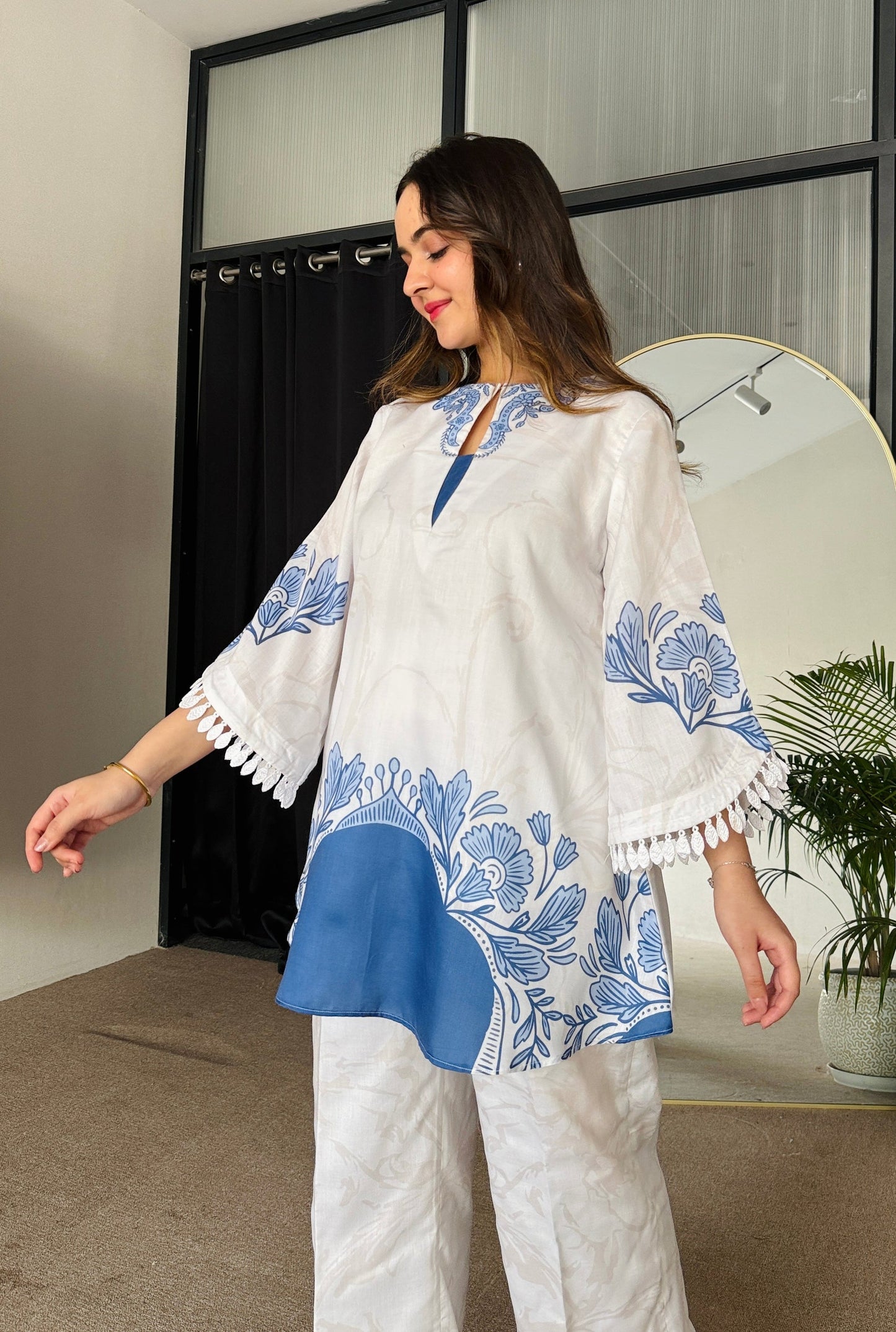 Floral Printed Blue Color Party wear Co-ord Set