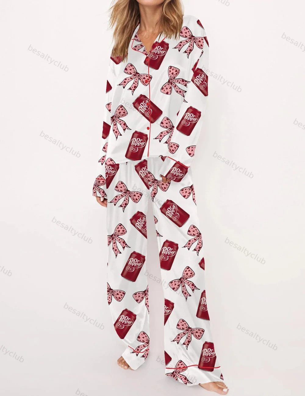 Pepper Drink Pink Coquette Bow Satin Pajama Set