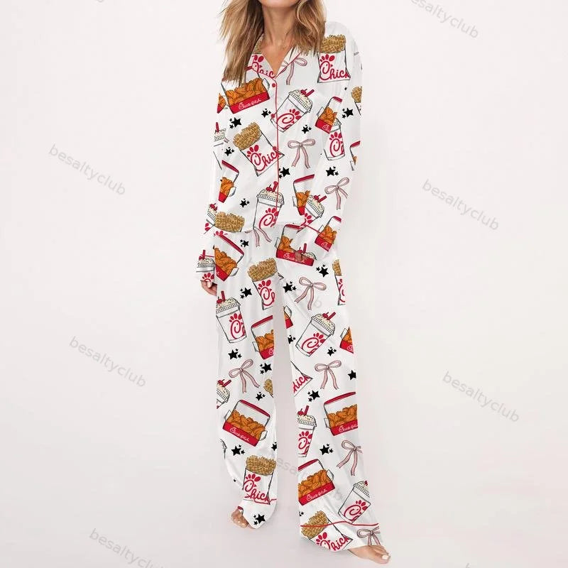 Coquette Fried Food Chicken Nuggets Satin Pajama Set