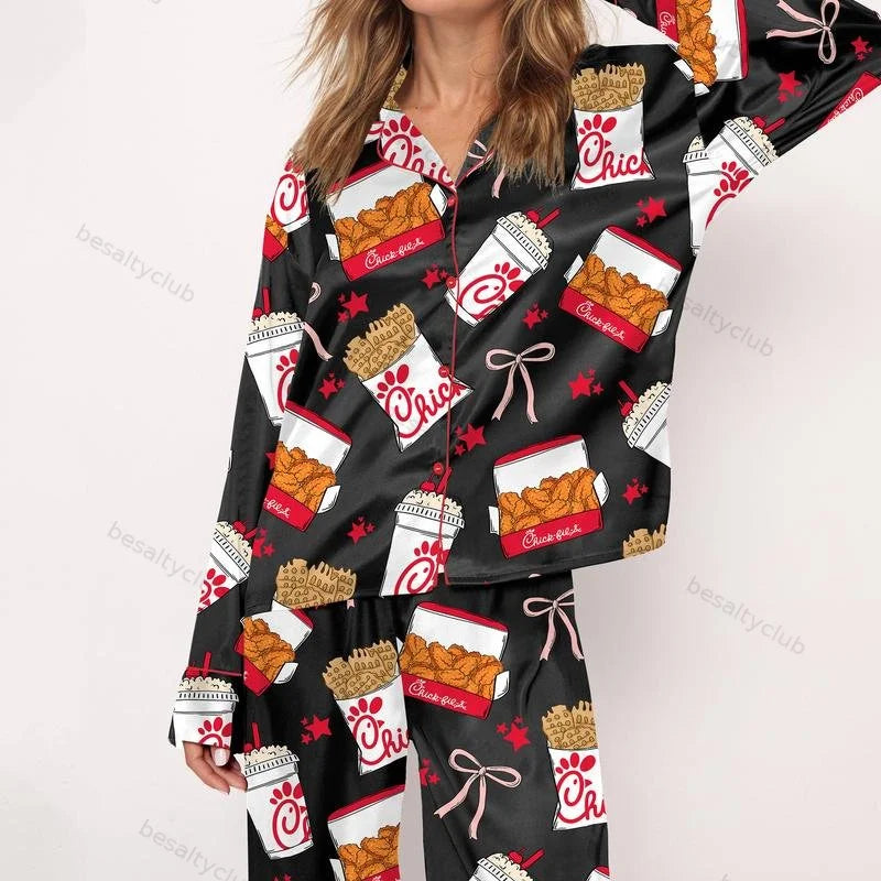 Coquette Fried Food Chicken Nuggets Satin Pajama Set