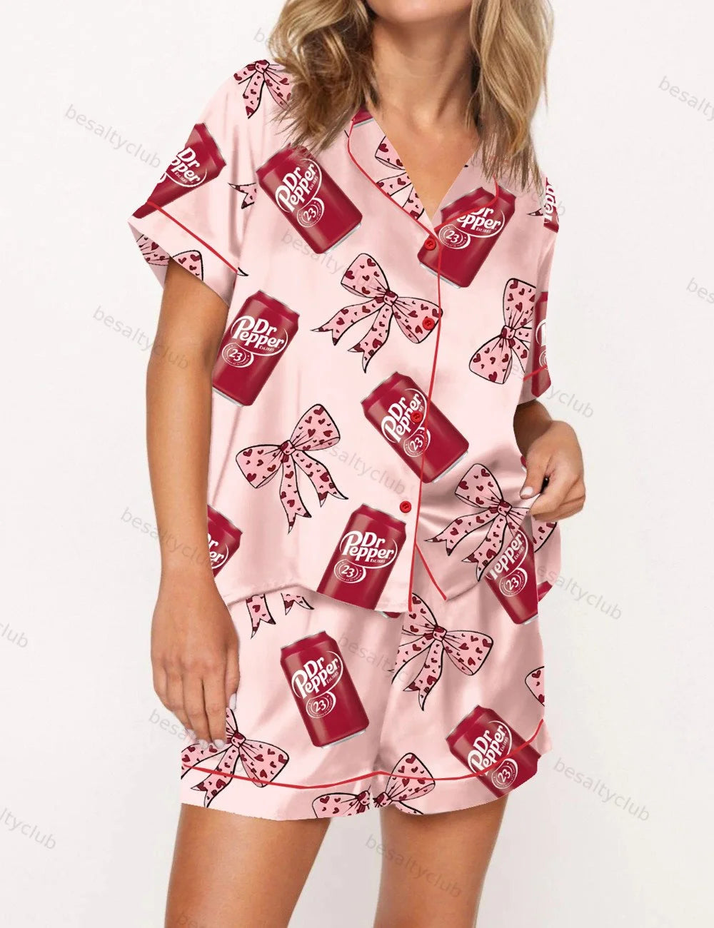 Pepper Drink Pink Coquette Bow Satin Pajama Set