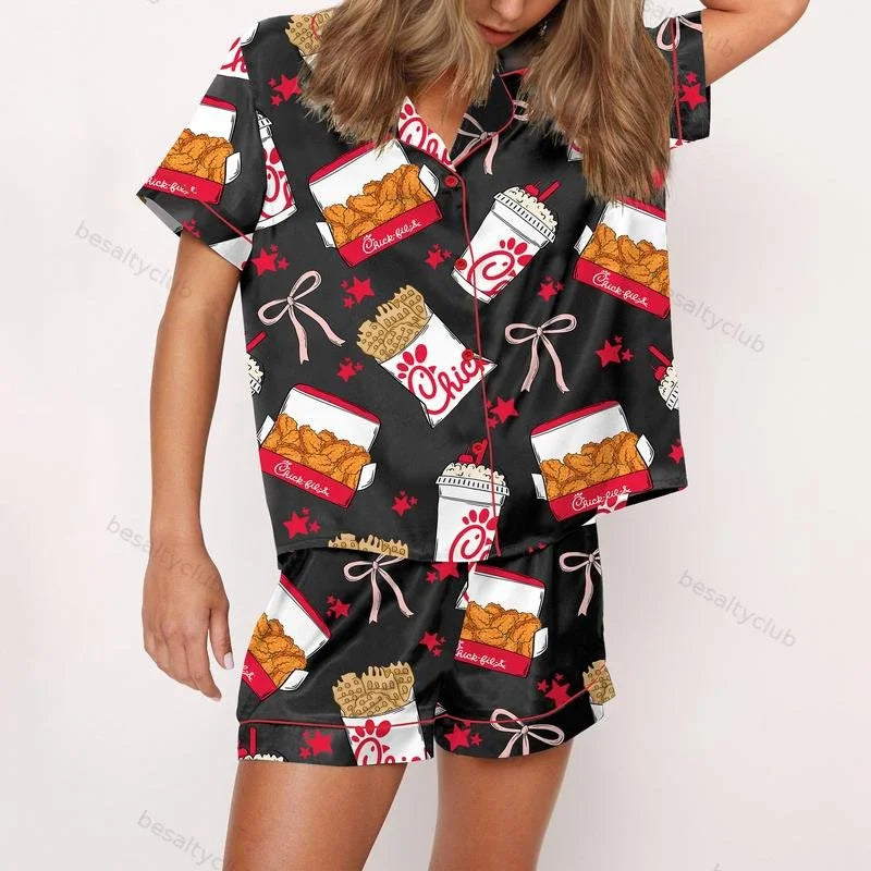 Coquette Fried Food Chicken Nuggets Satin Pajama Set