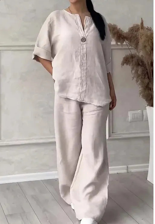 Women's V-Neck Cotton and Linen Coord
