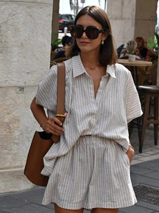 Stripe Loose Short Pants Set For Women