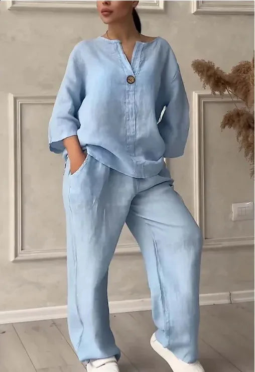 Women's V-Neck Cotton and Linen Coord