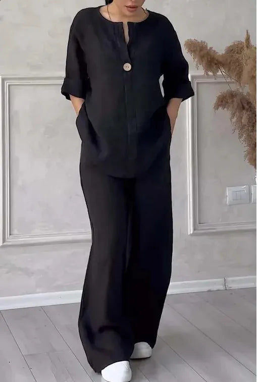 Women's V-Neck Cotton and Linen Coord