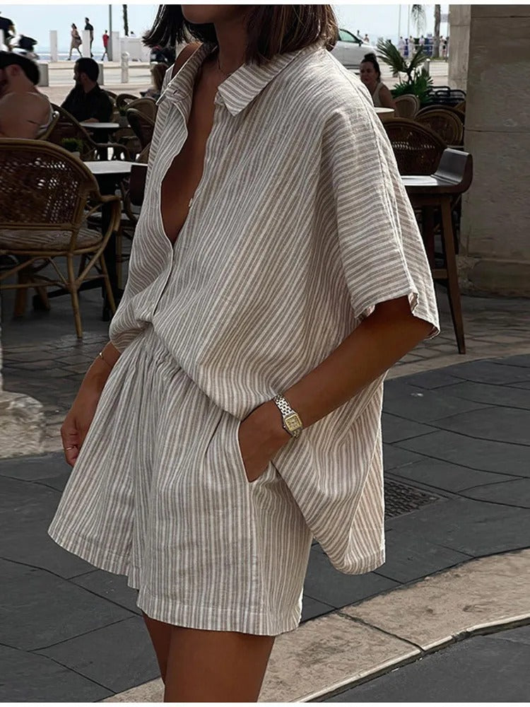 Stripe Loose Short Pants Set For Women