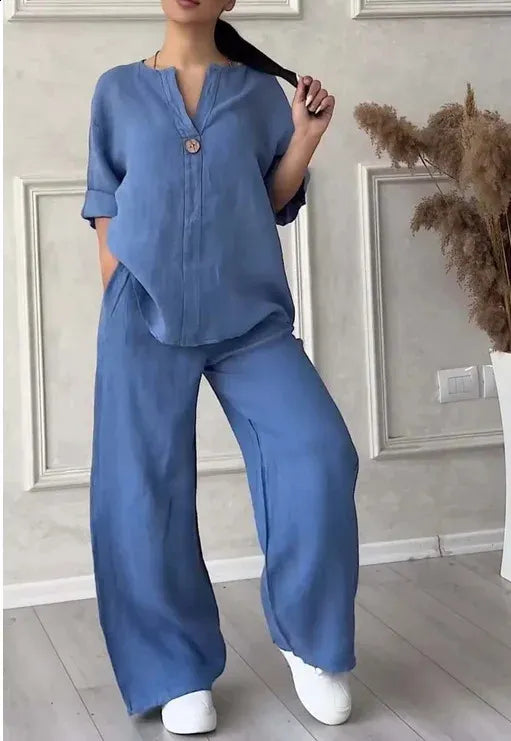 Women's V-Neck Cotton and Linen Coord