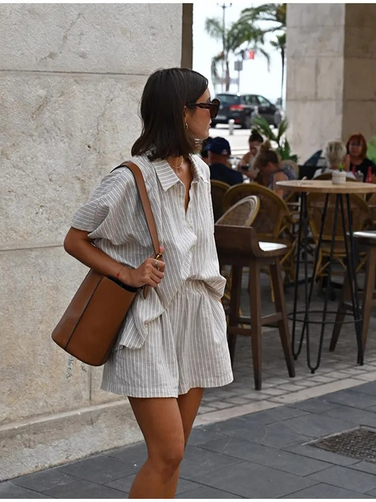 Stripe Loose Short Pants Set For Women