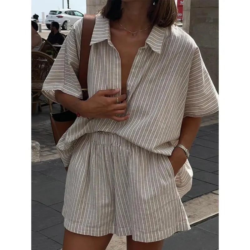 Stripe Loose Short Pants Set For Women