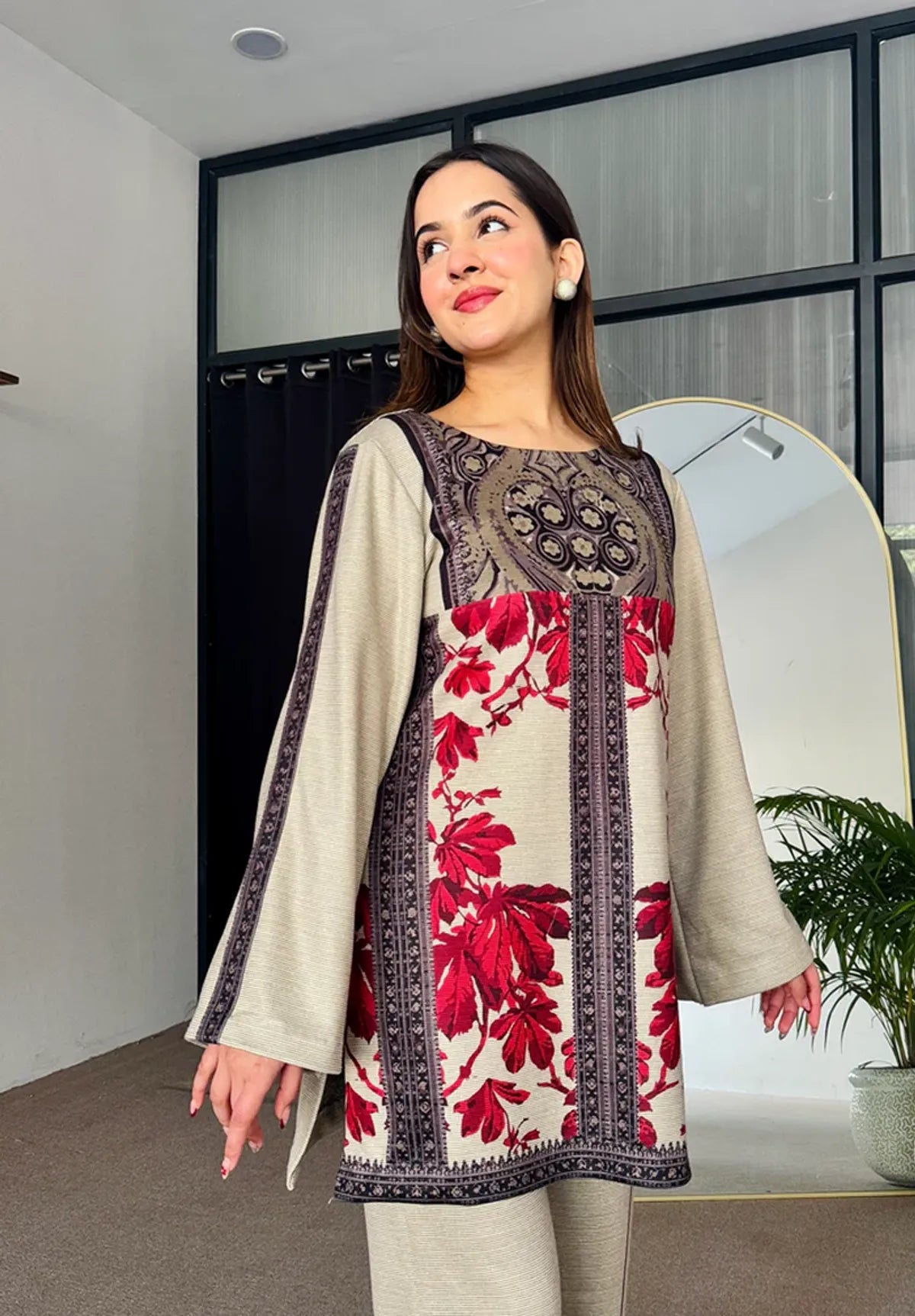 Beige & Maroon Digital Print Kurta Set for Women – Stylish Winter Co-ord Set with Straight Pants