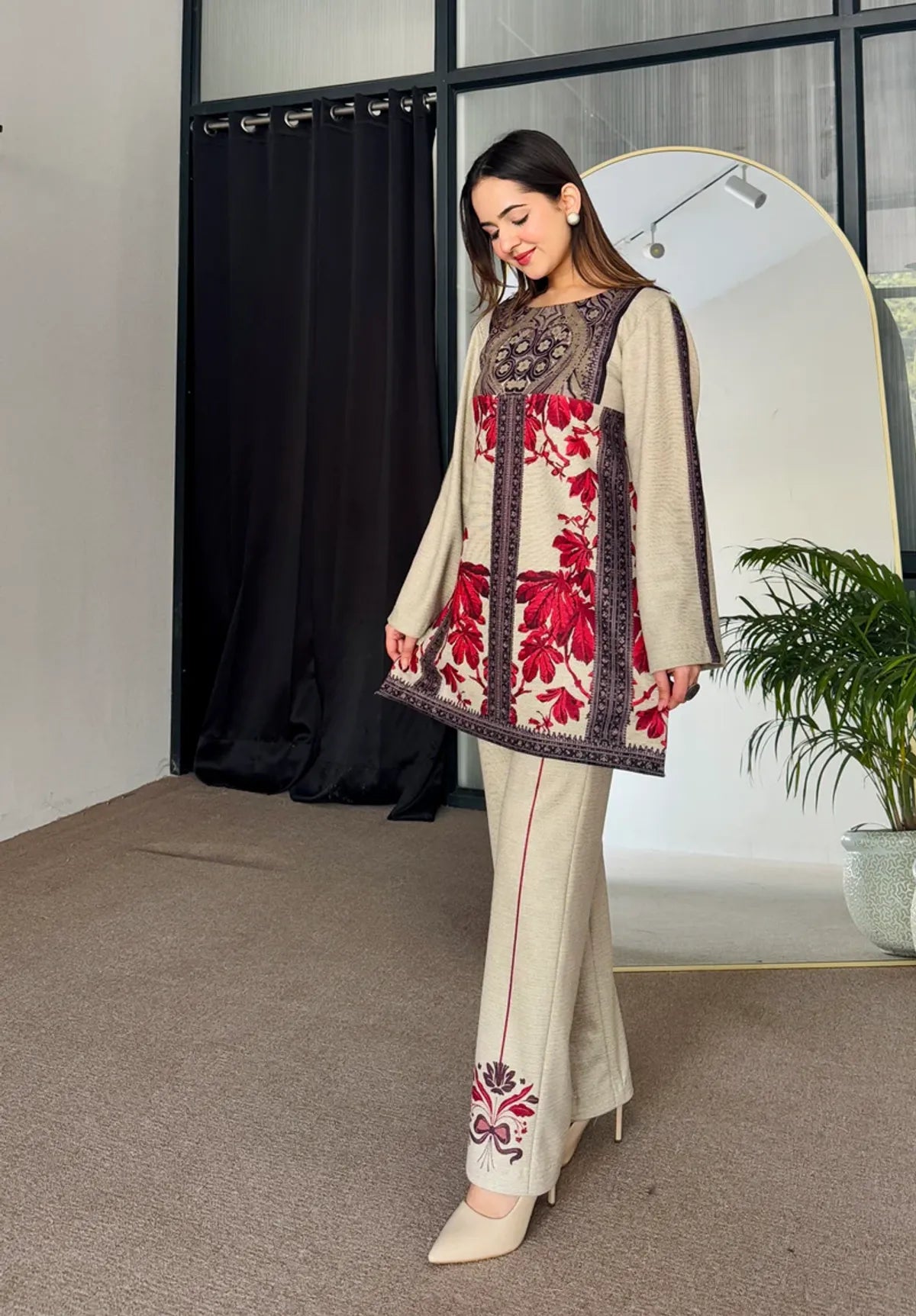 Beige & Maroon Digital Print Kurta Set for Women – Stylish Winter Co-ord Set with Straight Pants