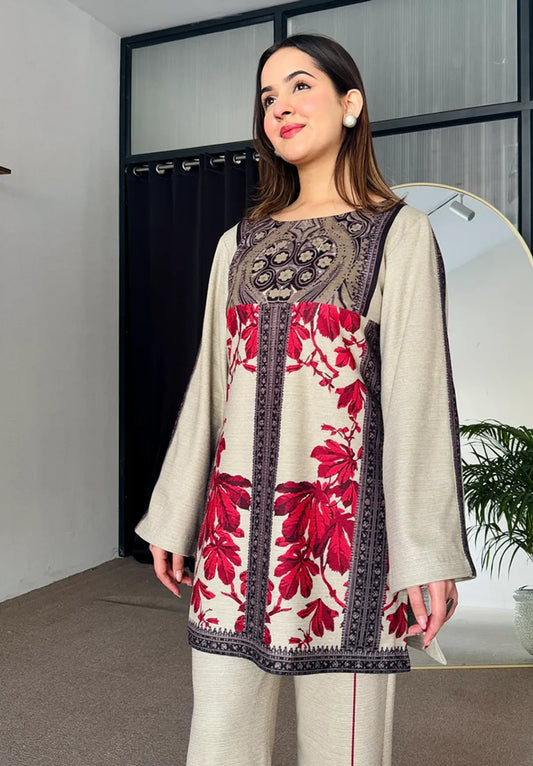 Beige & Maroon Digital Print Kurta Set for Women – Stylish Winter Co-ord Set with Straight Pants