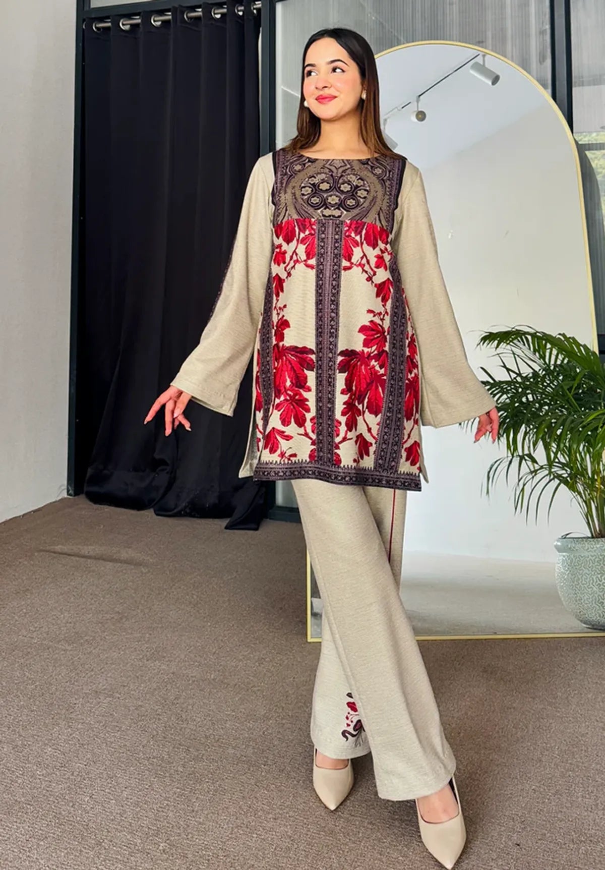 Beige & Maroon Digital Print Kurta Set for Women – Stylish Winter Co-ord Set with Straight Pants