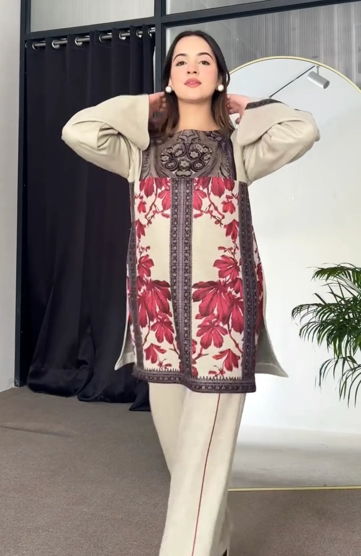 Beige & Maroon Digital Print Kurta Set for Women – Stylish Winter Co-ord Set with Straight Pants