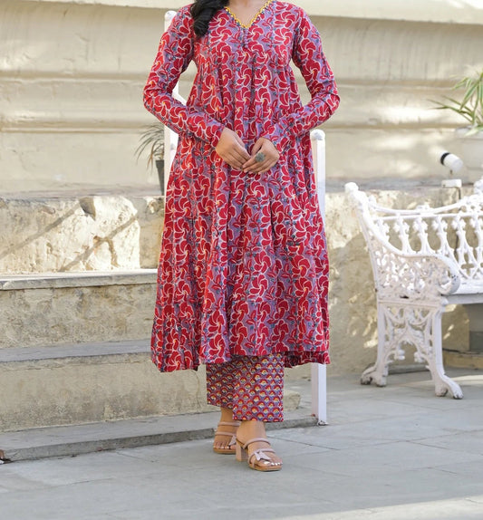 Embroidered Cotton Anarkali Suit Set