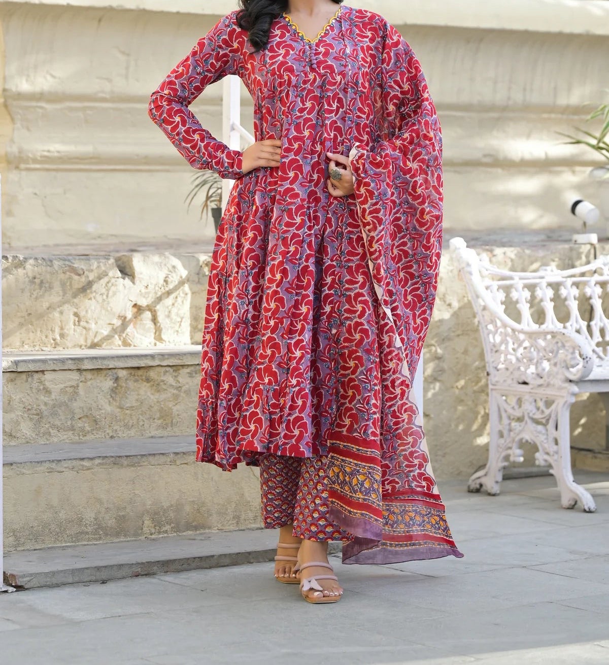 Embroidered Cotton Anarkali Suit Set