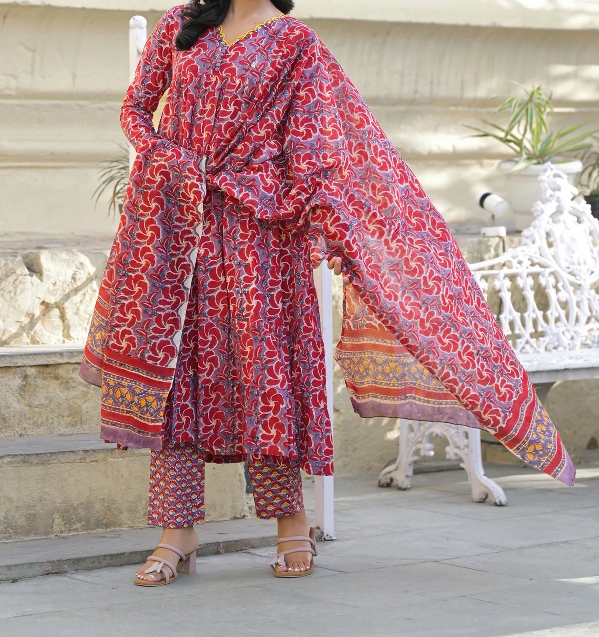 Embroidered Cotton Anarkali Suit Set