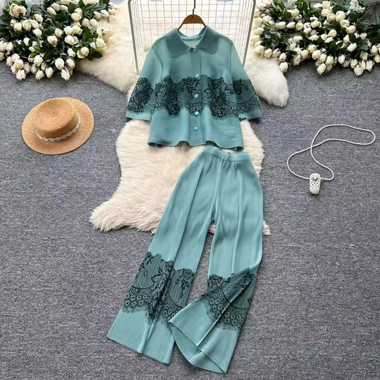 Blue Sky  Lace Coord Set for Women – Top & Wide-Leg Pants