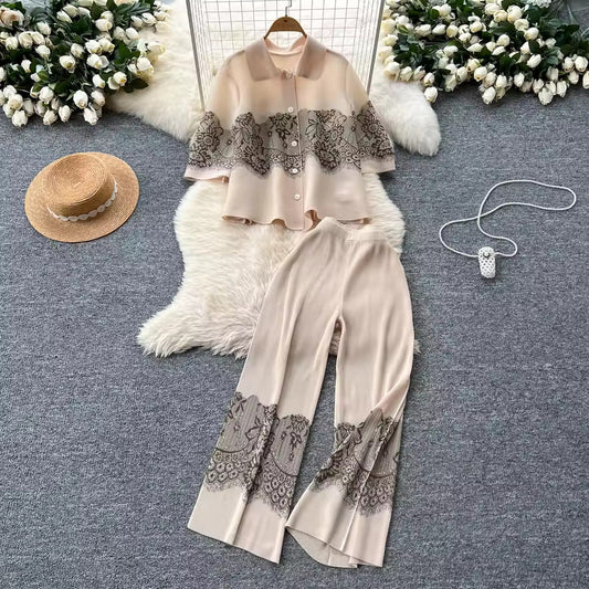 Cream Lace Coord Set for Women – Top & Wide-Leg Pants