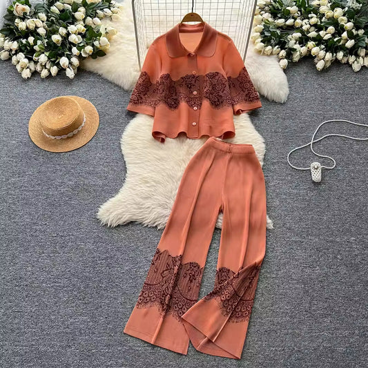 Orange Lace Coord Set for Women – Top & Wide-Leg Pants