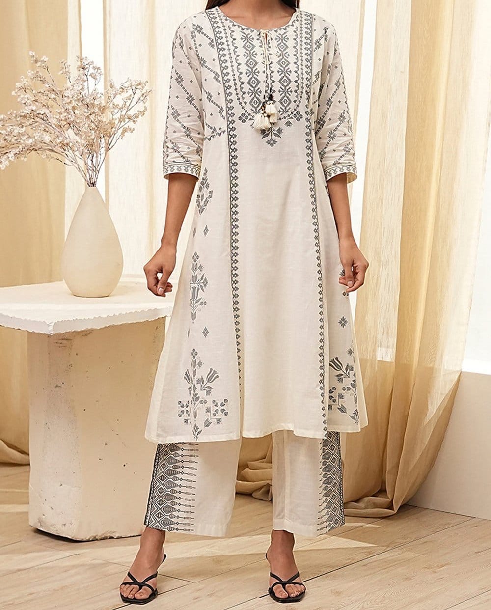 OFF-WHITE PURE COTTON PRINTED A-LINE KURTA SET
