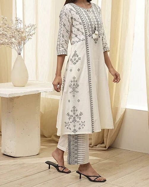 OFF-WHITE PURE COTTON PRINTED A-LINE KURTA SET