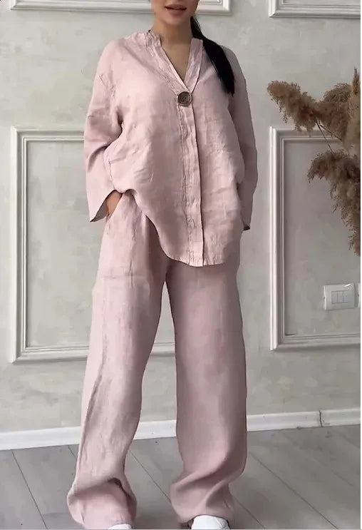 Women's V-Neck Cotton and Linen Coord