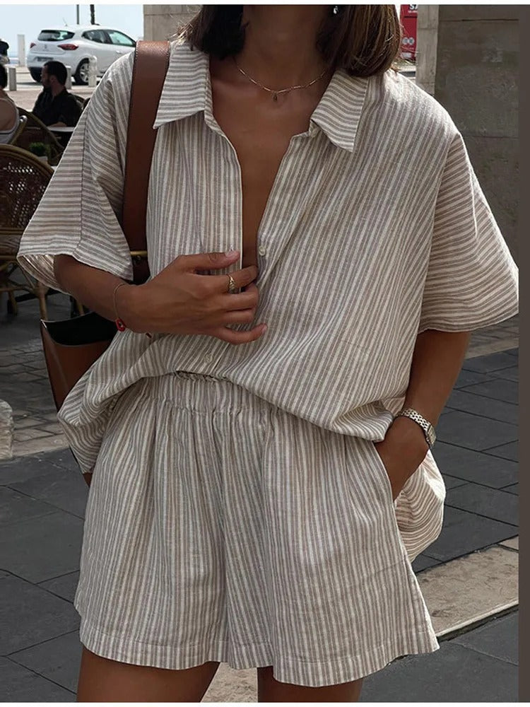 Stripe Loose Short Pants Set For Women