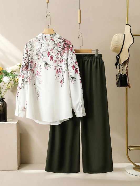 Longline Printed Shirt with Wide Pants