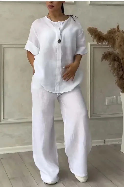 Women's V-Neck Cotton and Linen Coord