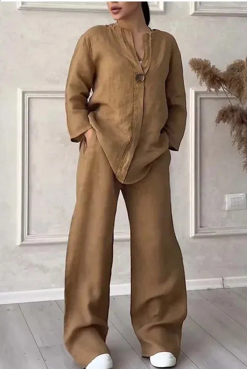 Women's V-Neck Cotton and Linen Coord