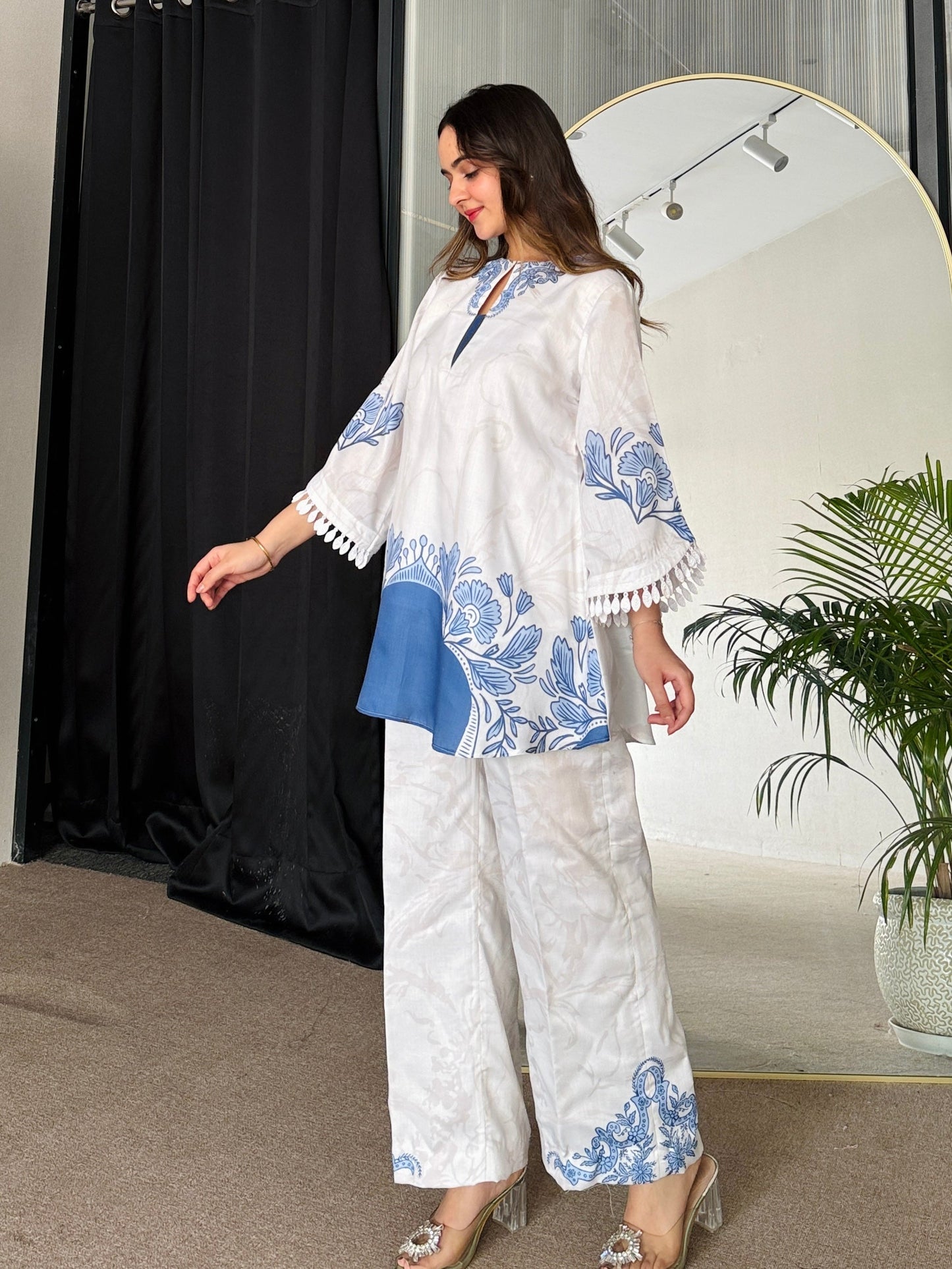 Floral Printed Blue Color Party wear Co-ord Set