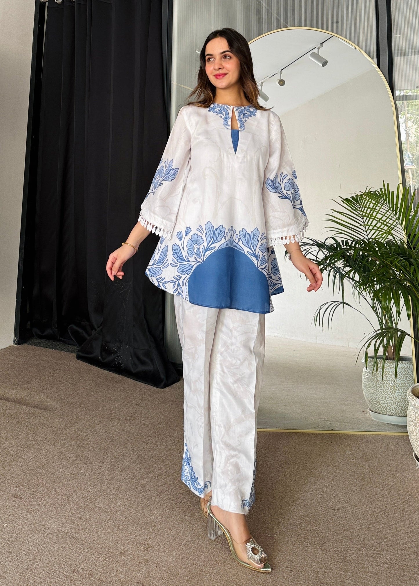 Floral Printed Blue Color Party wear Co-ord Set