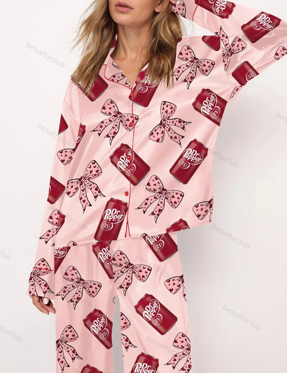 Pepper Drink Pink Coquette Bow Satin Pajama Set