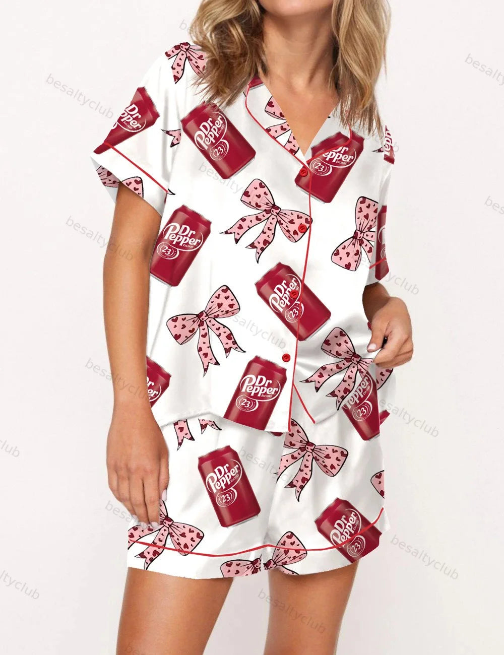 Pepper Drink Pink Coquette Bow Satin Pajama Set
