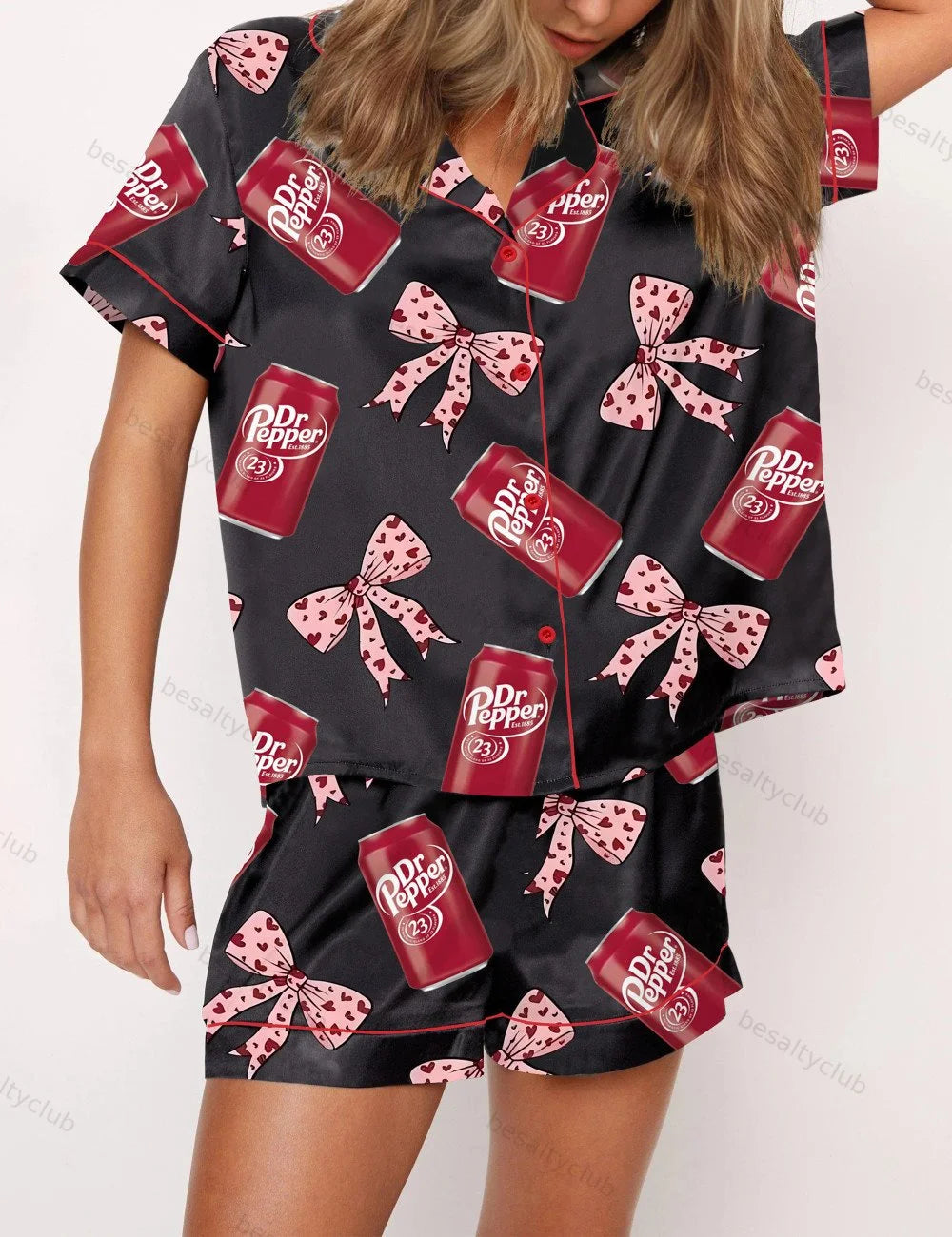 Pepper Drink Pink Coquette Bow Satin Pajama Set