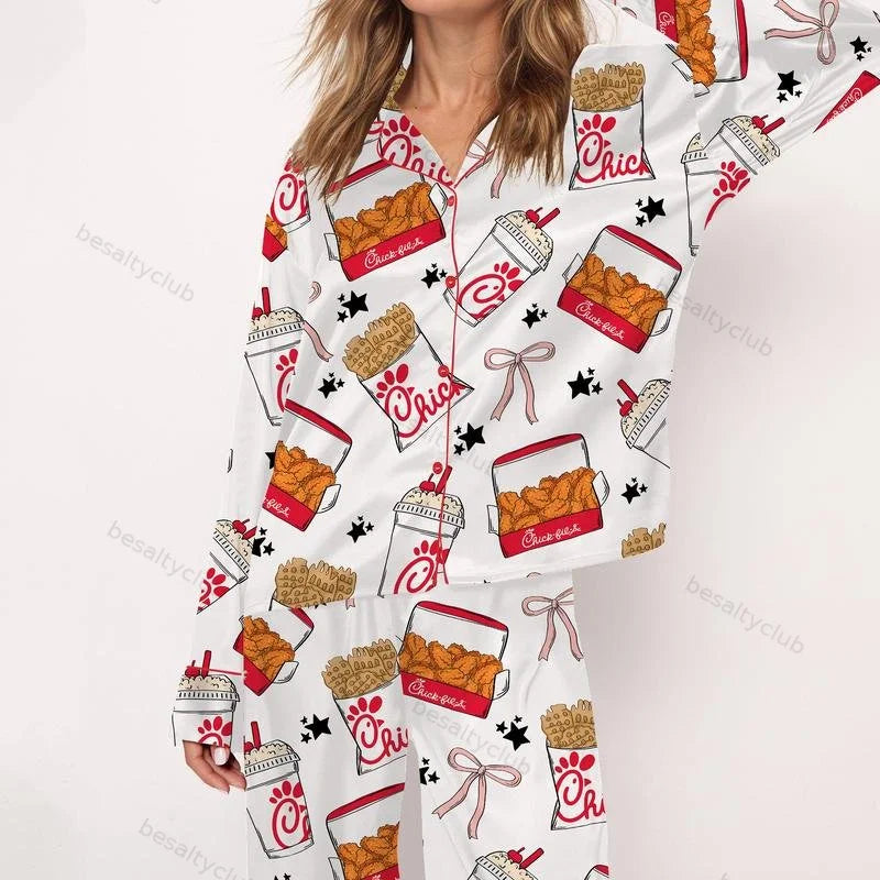 Coquette Fried Food Chicken Nuggets Satin Pajama Set