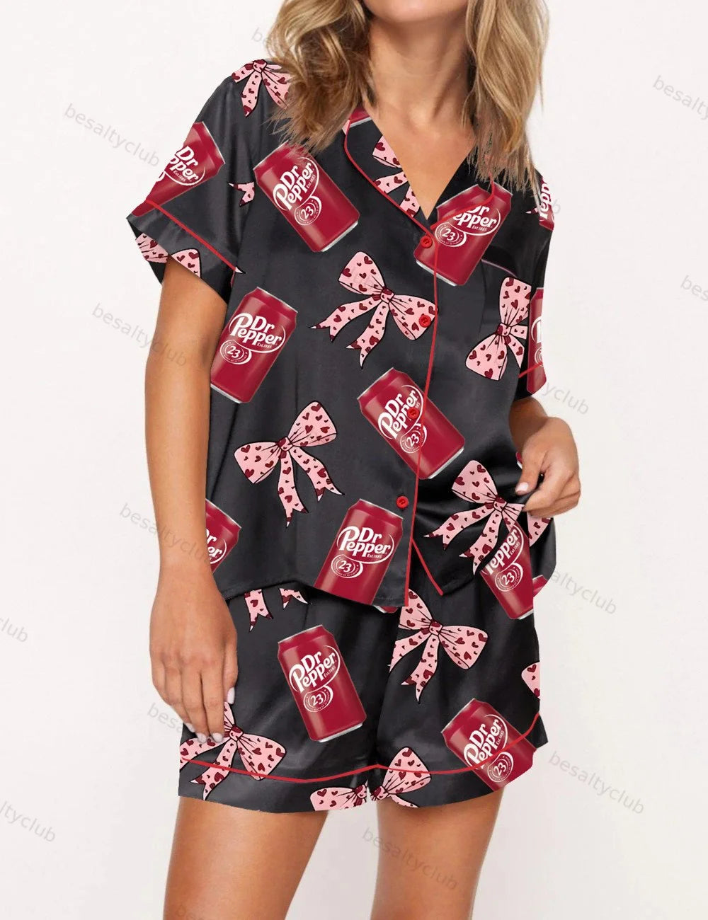 Pepper Drink Pink Coquette Bow Satin Pajama Set