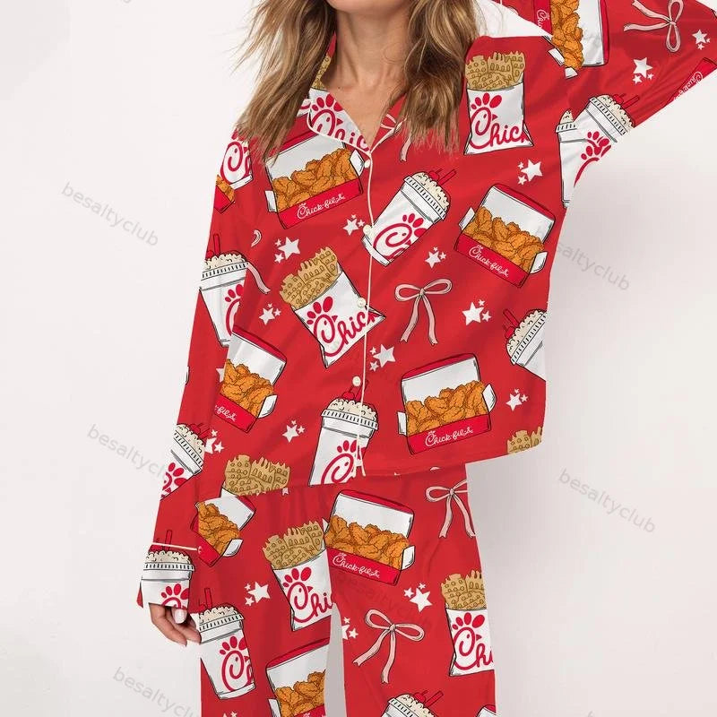 Coquette Fried Food Chicken Nuggets Satin Pajama Set